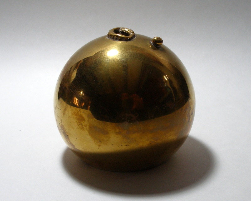 Vintage 1970's HAROLD KERR Solid Brass Volcanic VASE, Spherical Mid Century Mod Shape, Lava Crater Opening and Rock at Top, Karl Aubock Era