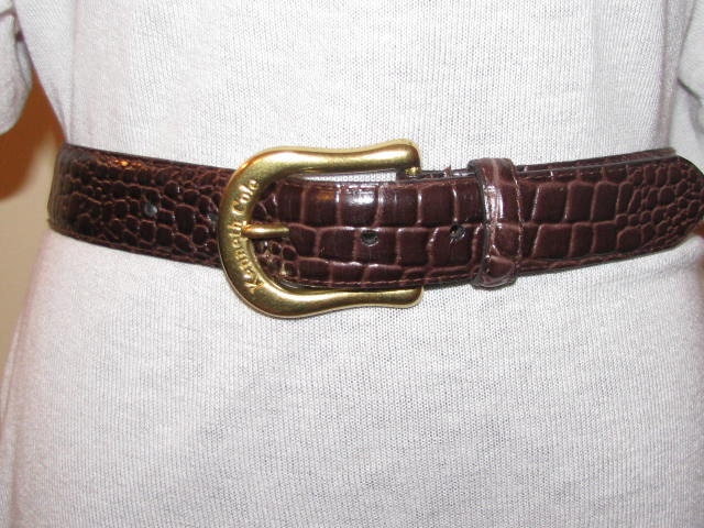 KENNETH COLE New York Brown LEATHER Belt // Vintage Size M 90's Brass Buckle Italian Calfskin Embossed Moc Croc