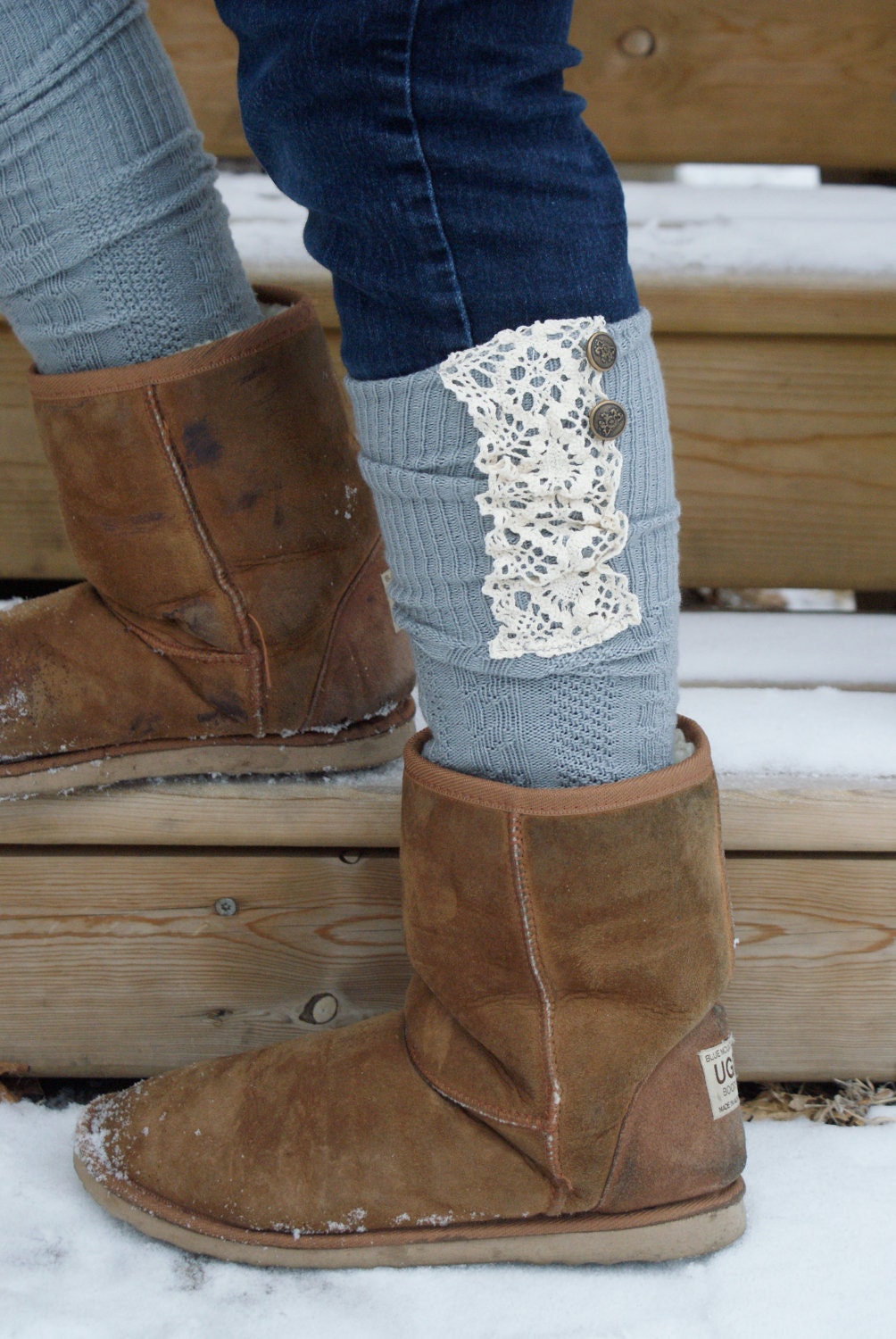 Boot Socks - Lace Grey Socks -Grey Boot Socks with Cream Lace and Buttons