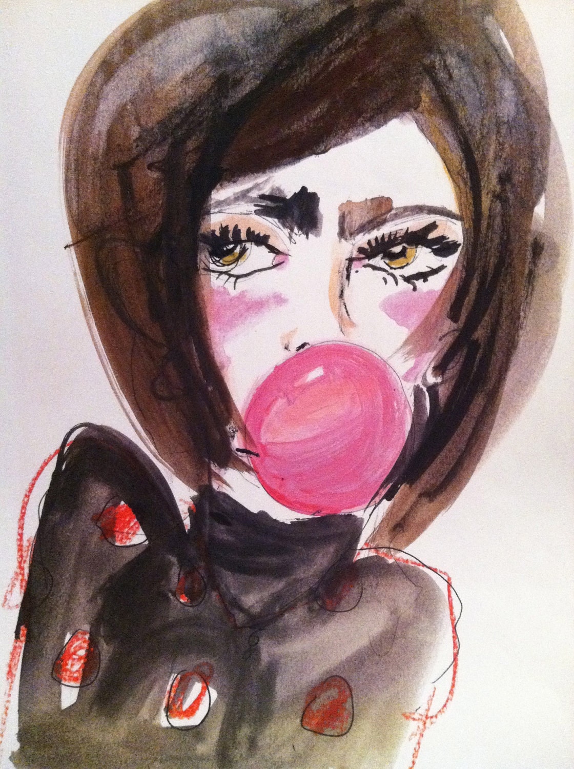 Pink Bubblegum Watercolor Girl