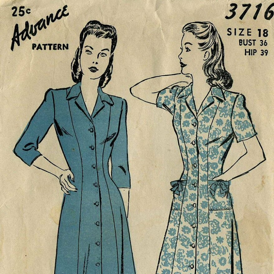 Advance 3716,Vintage 1940s, Button Up Womens Dress Pattern, mid 40s