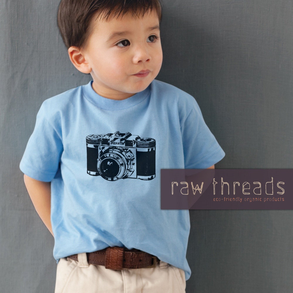 Kids T shirts Organic -- Paxette Camera on Toddler Organic Light Blue Tee