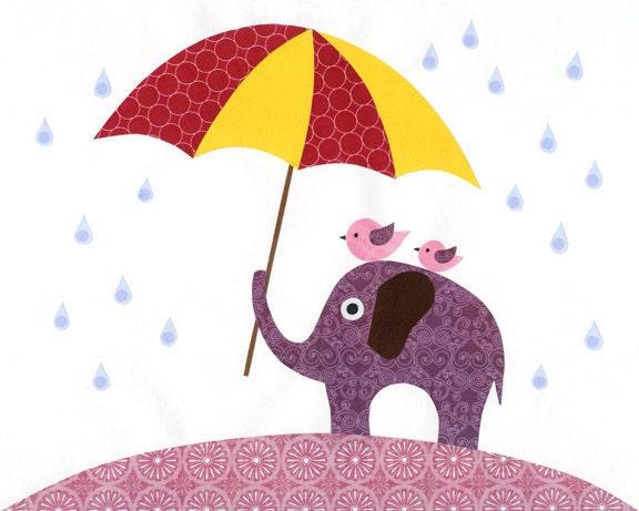 SALE - Art print / poster of collage for nursery or kids room decor - illustration of elephant with umbrella and birds in the rain