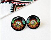 Small round black handmade post earrings with colorful floral hand-painted  - Free shipping Etsy