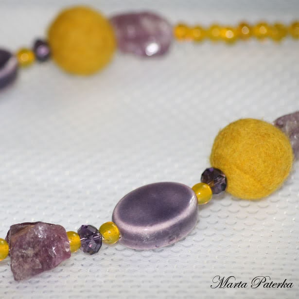 Violet and Yellow Raw Amethyst Felt and Ceramic Beads Necklace