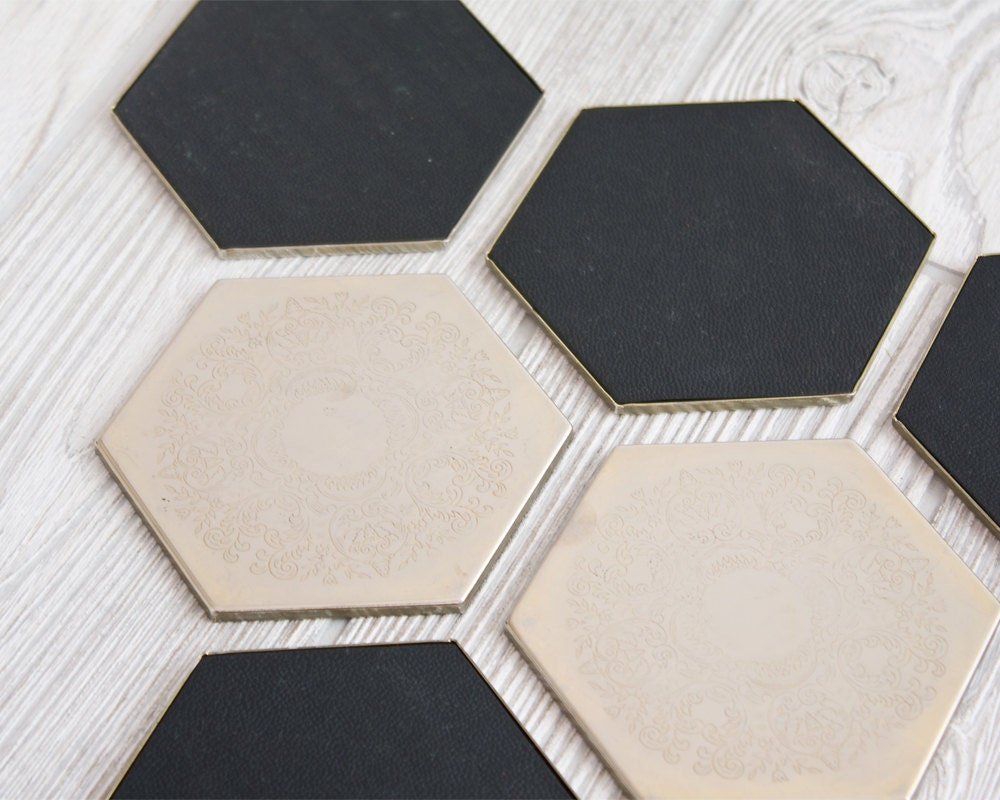 RESERVED for Fab.com - Hexagon Coasters with Caddy, Set of Six