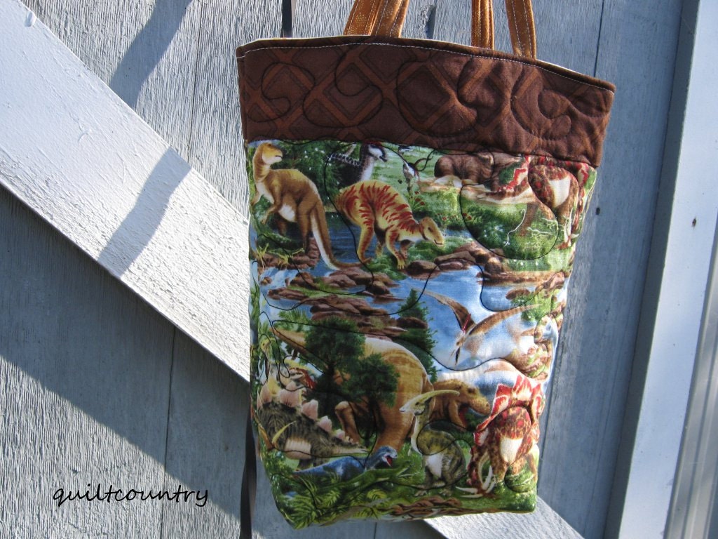 Eco friendly boys dinosaur tote bag, book bag or lunch sack., leap pad tote, washable toy tote