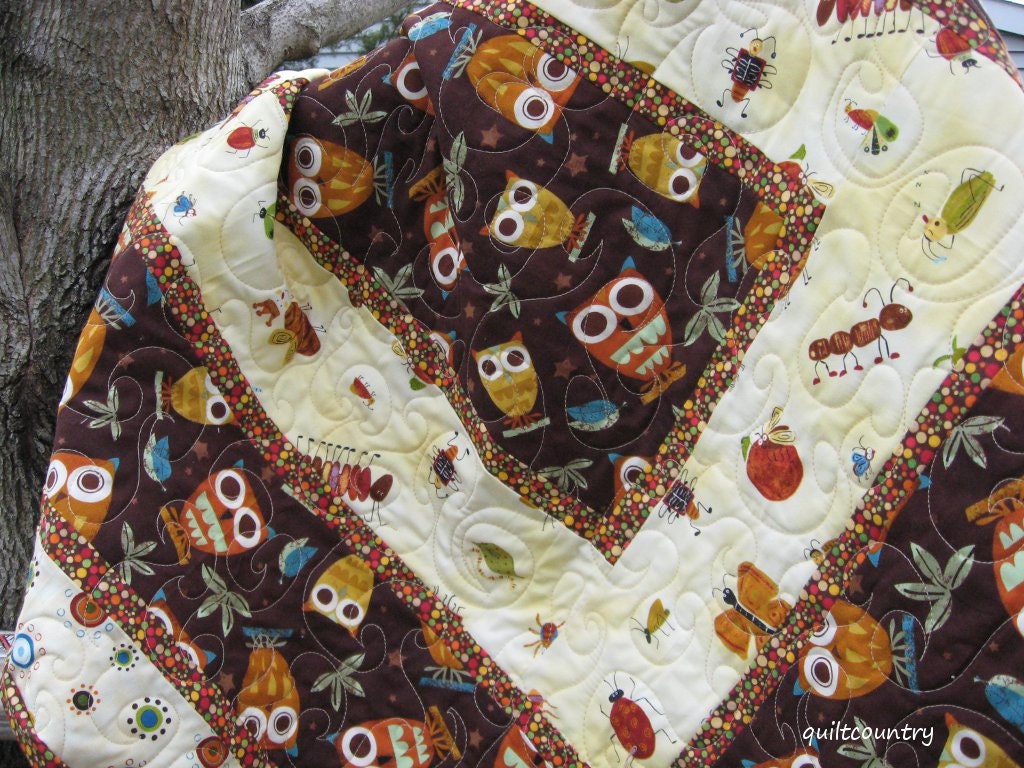 Handmade baby quilt or toddler crib bedding, modern Owl design in brown