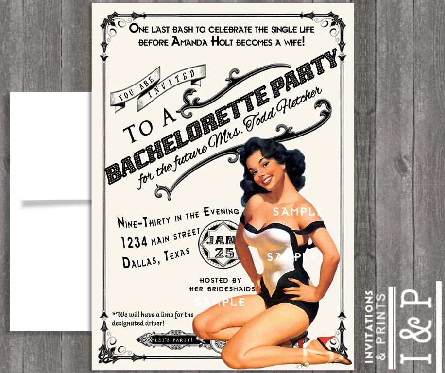 Vintage Pin Up Girl Invitation- Bachelorette party, Hens night, Lingerie Shower Birthday invite diy print file PRINTABLE