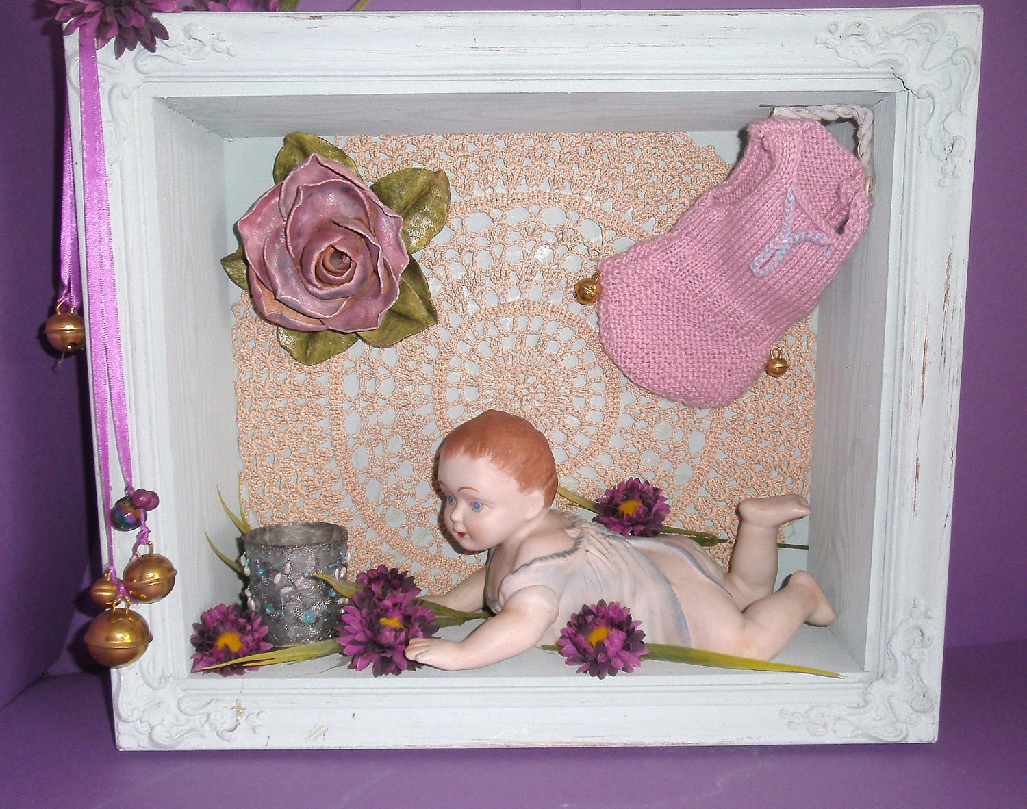 shadowbox with pianobaby in a lovely color scheme very light blue with purple
