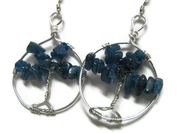Blue Apatite Tree Of Life Earrings, Wire Wrapped