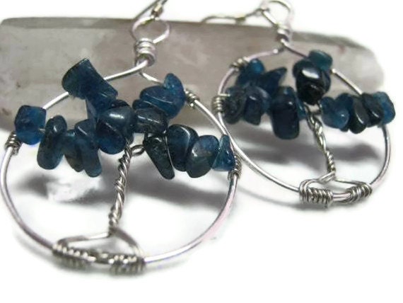 Blue Apatite Tree Of Life Earrings, Wire Wrapped