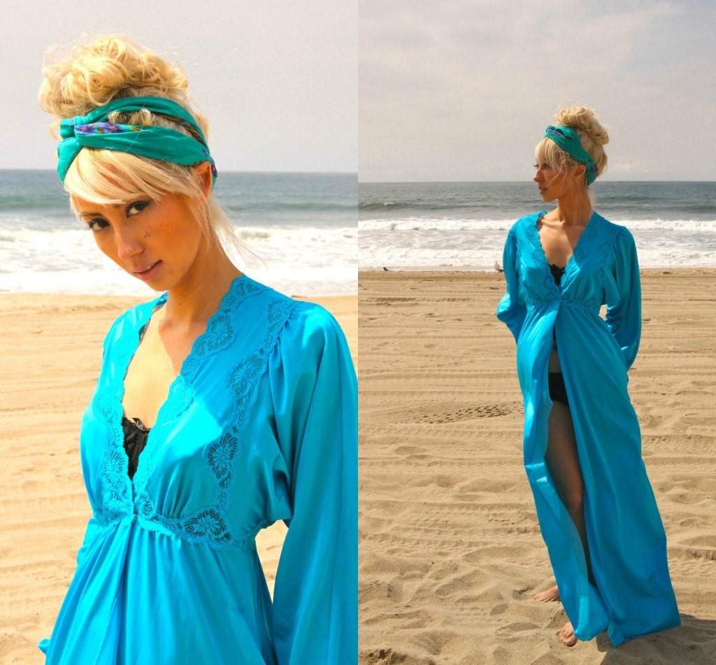 Vintage 70s Kimono Caftan Slip dress Jacket Caribbean Queen lace puff sleeve xs s m
