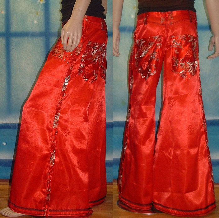 Red Oriental Raver Pants - Phat Rave Pants - One of a Kind