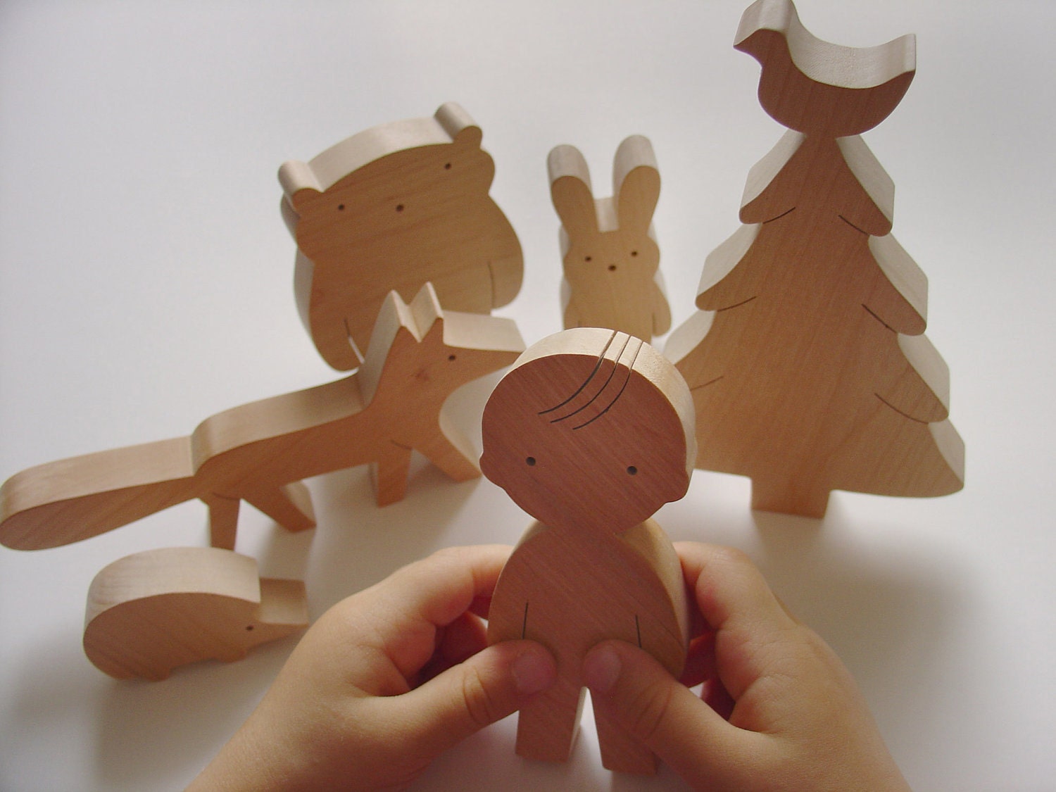 Woodland animals - Boy, animals and tree - Wooden Woodland Play Set - Miniature Forest Animals