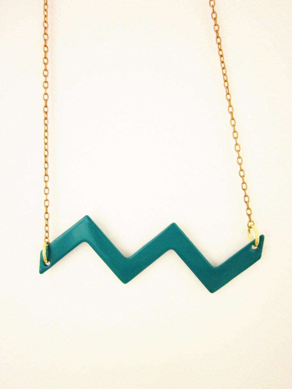 Amazon chevron necklace - geometric vintage enameled teal wave on a vintage brass chain - free shipping