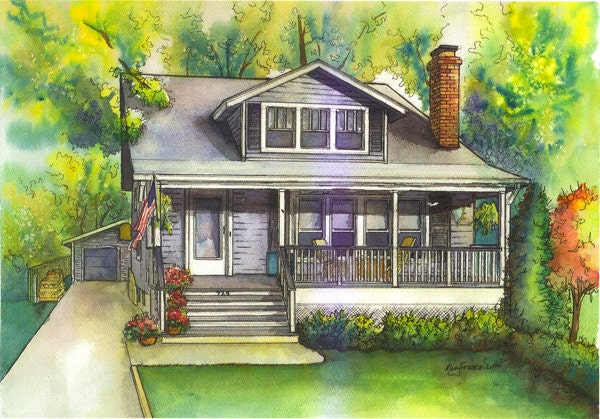 Custom House Portrait in Watercolor and Ink