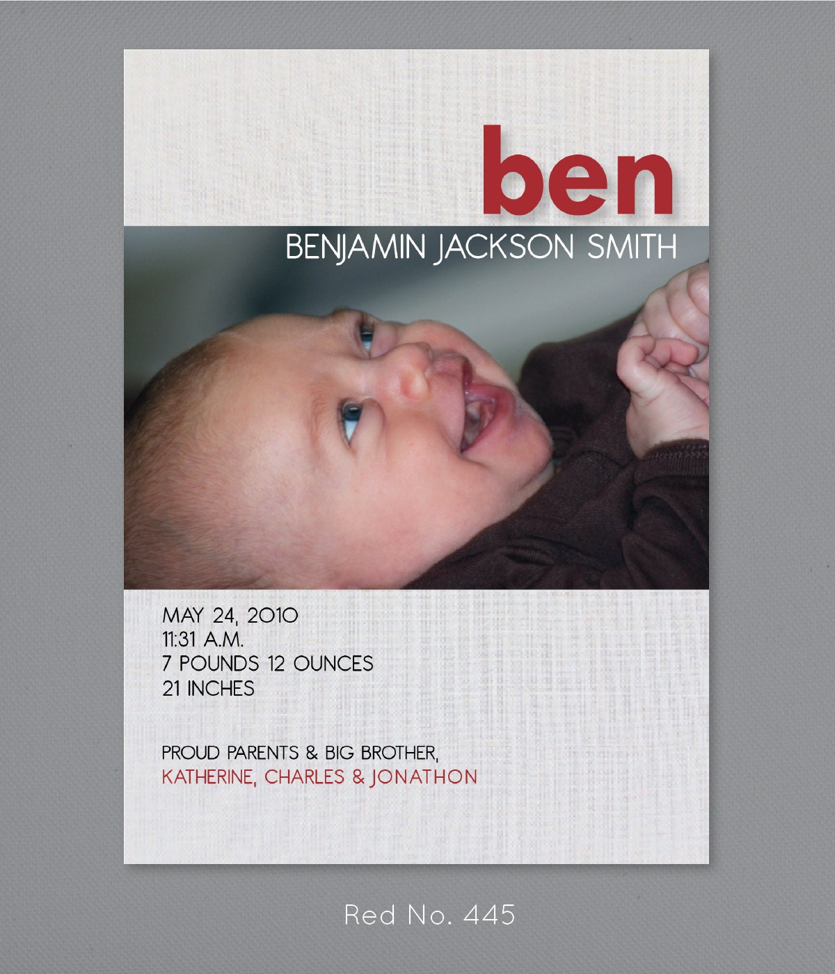 BIRTH ANNOUNCEMENT modern baby boy photo baby announcement "red no. 445"