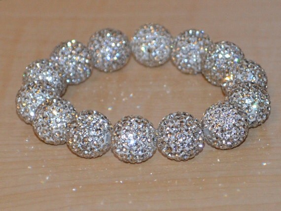 White Pave Crystal Ball Bead Stretch Bracelet by AshleySparkle