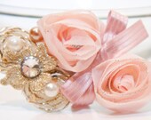 Zilly's - (AG) - Handmade Fabric Hair Clip with Pearls, Rhinestones, Chiffon Flowers and Ribbon Bow - pink/cream/gold