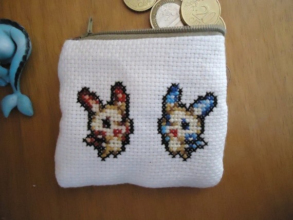 Plusle and Minun cross stitched purse