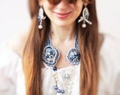 Luxury style Denim Flowers Necklace, Pearl, Bohemian Glass Crystal, Navi and Blue Denim, one of a kind, OOAK