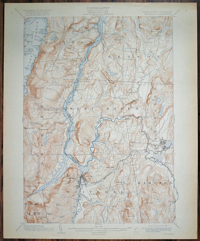 Lots of Maps Listed/  Antique Rare Whitehall New York-Vermont 1918 US Geological Survey Topographic Map