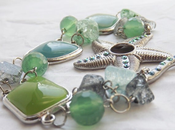 Seascape: Aqua Blue and Mint Green glass and Silver Bracelet with Starfish Toggle