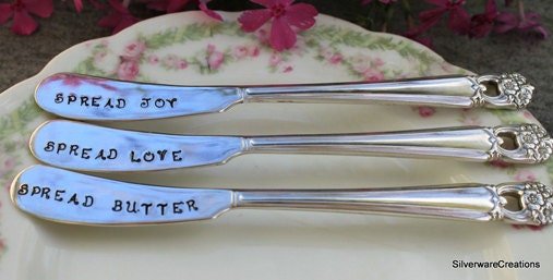 VINTAGE Silverplate Spreader, ETERNALLY YOURS 1941, Silverware Butter Spreader, Hand Stamped with  Spread Love, Joy and Butter - Lovely Gift