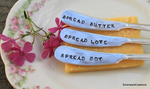 VINTAGE Silverplate Spreader, ETERNALLY YOURS 1941, Silverware Butter Spreader, Hand Stamped with Spread Love, Joy and Butter - Lovely Gift