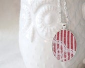 Fabric Pendant Necklace: Red & White Stripe Fabric with White Lace, Nautical Necklace