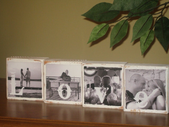 PERSONALIZED Bridal Shower Decorations with Engaged Bride and Groom to be - Wedding Decoration SET of 4 Blocks