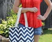 X-LARGE Navy blue and white CHEVRON stripe zigzag Handbag/ Diaper Bag/ Purse/ Tote/ Beach Bag