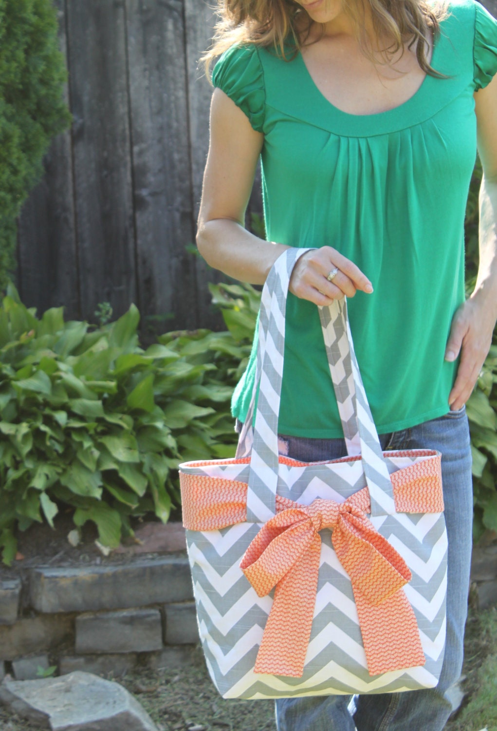 X-LARGE gray and white CHEVRON stripe zigzag Handbag/ Diaper Bag/ Purse/ Tote/ Beach Bag with Orange Bow/Sash and 4 Interior Pockets