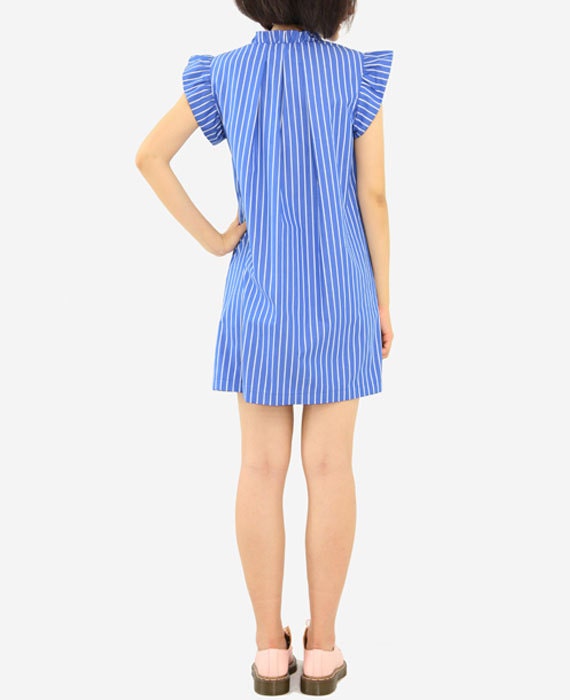 Blue White Stripe Dress Simple Dress Cotton Dress V Collar Dress