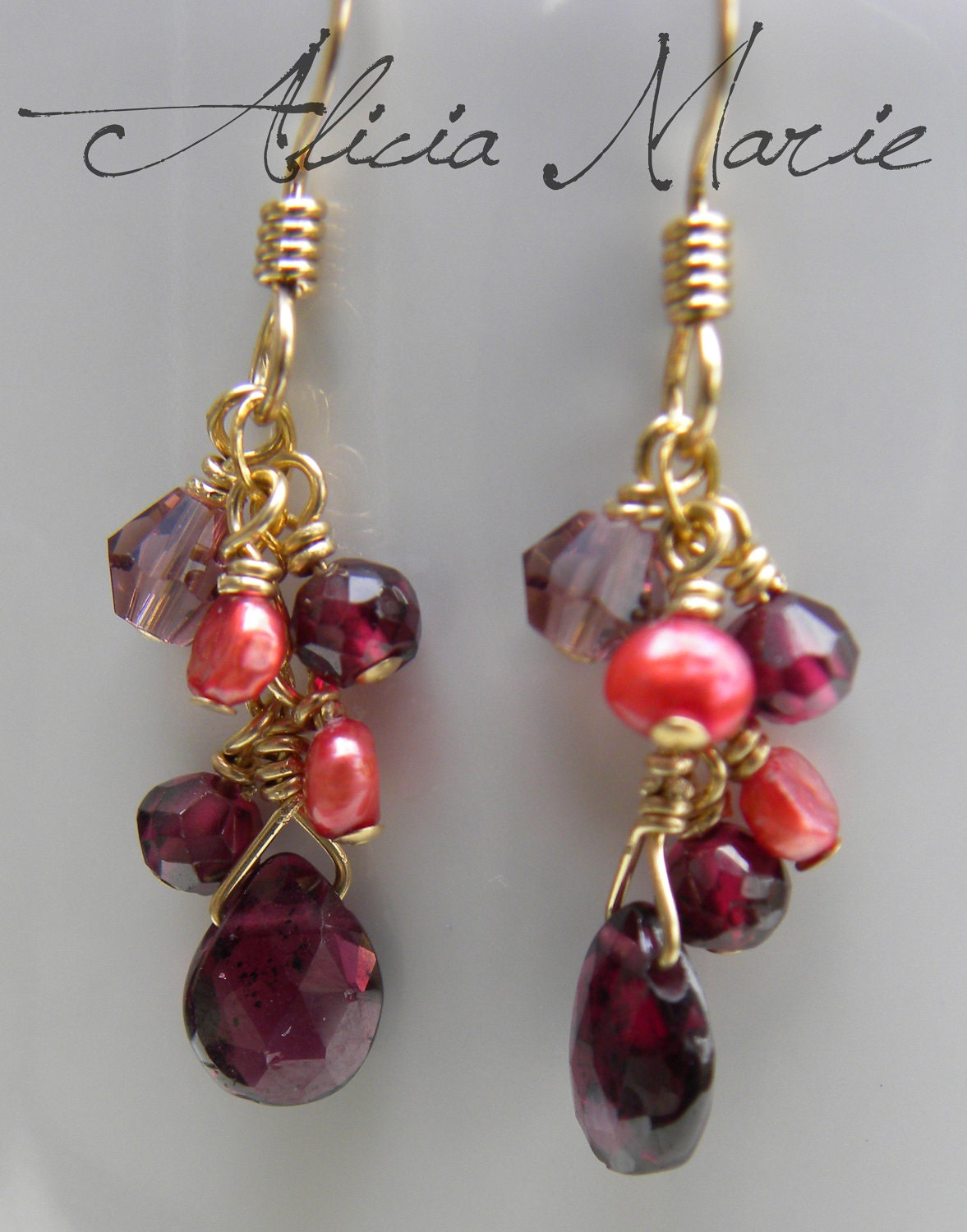Enchanted: Faceted Garnet Briolettes and Roundels, Pearls, Swarovski, and Gold Filled Wire