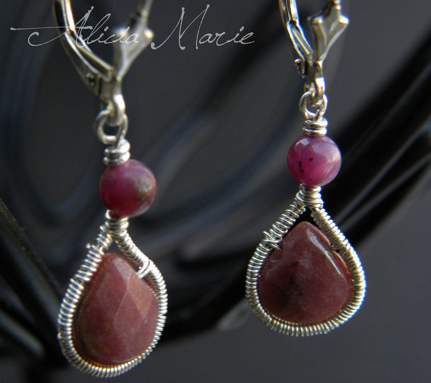 Desert Rose: Genuine Ruby and Rhodonite Briolette Wire Wrapped Earrings