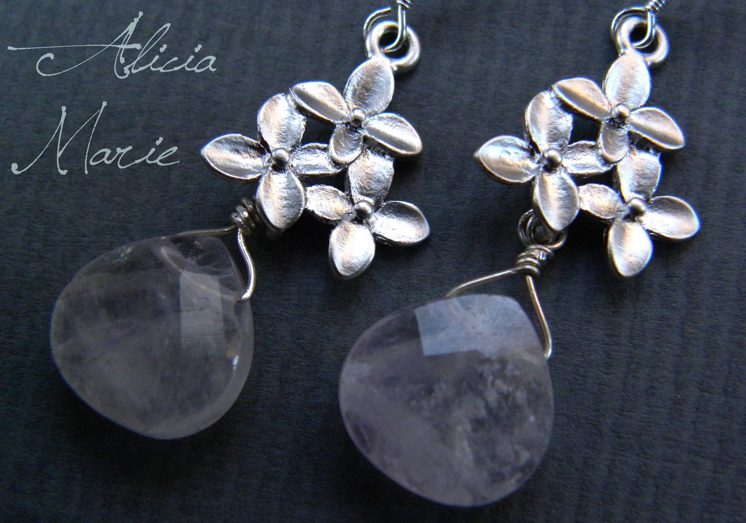 Winter Blossom - Faceted Amethyst Briolette and Rhodium Plated Flowers on Sterling Silver Earring Wires