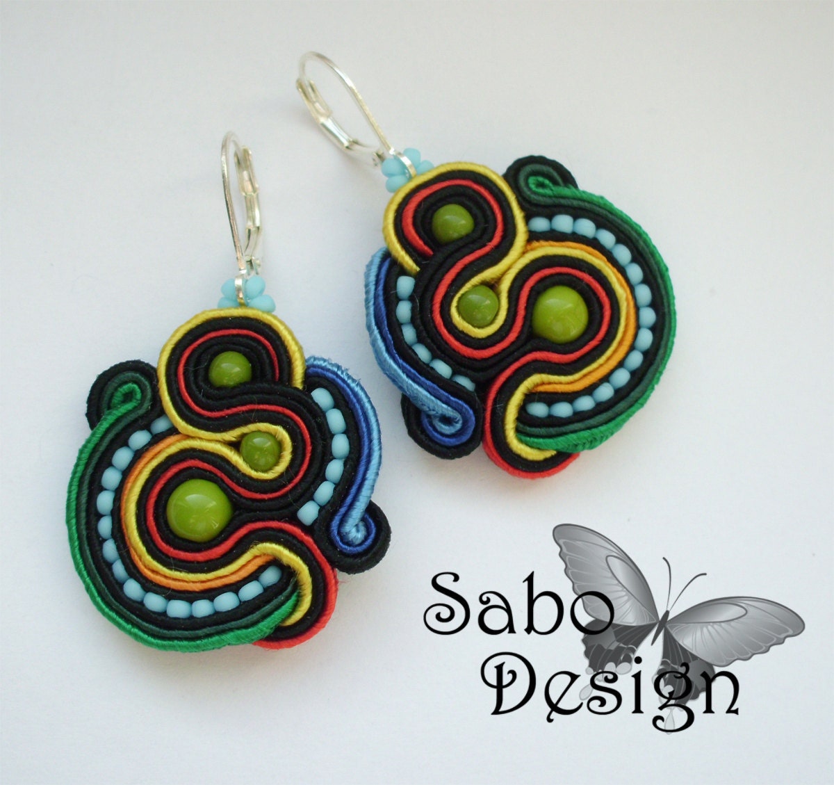CUZCO - soutache earrings, handmade, embroidered in black, red, yellow, green, blue satin strips, TOHO, oaak gift for her under 50