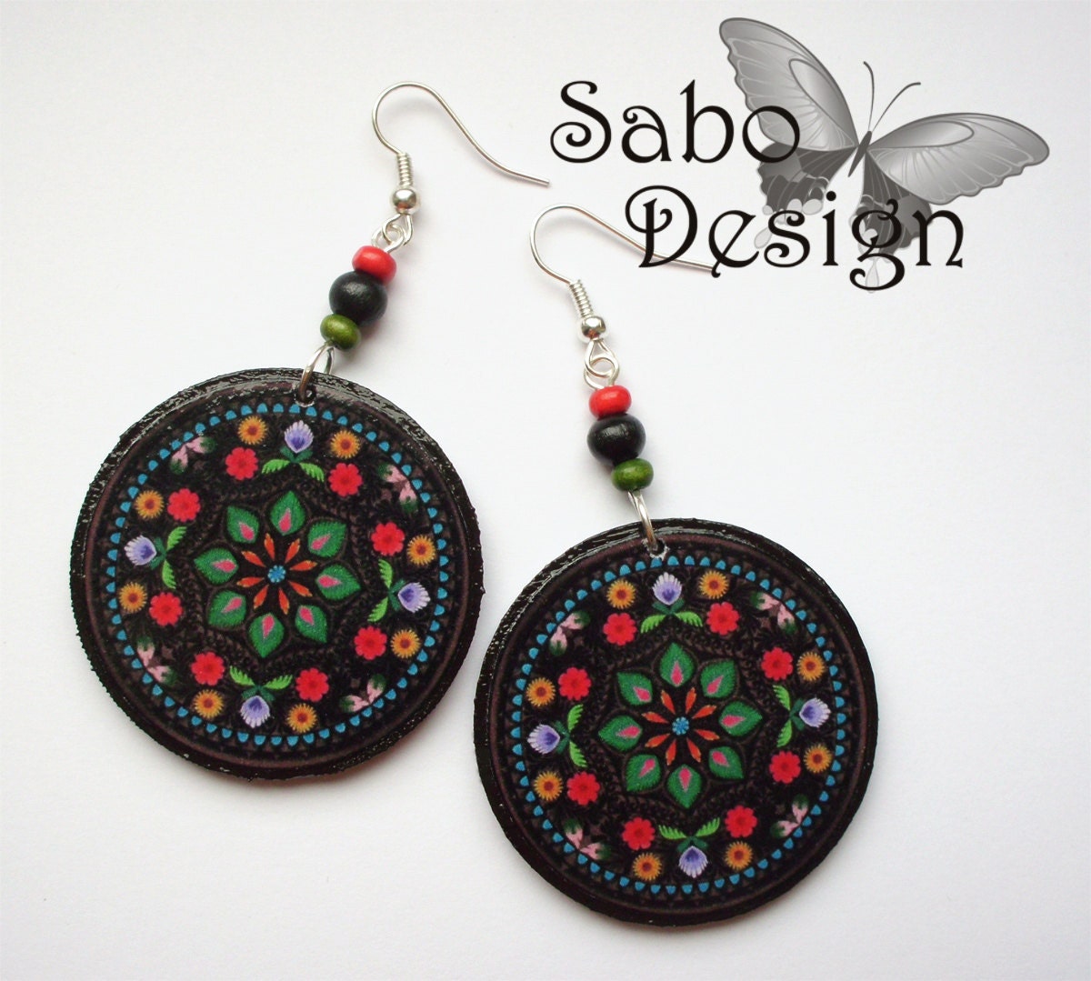 POLISH FOLK earrings, decoupaged in black, red, green, orange, colorful flowers, perfect gift