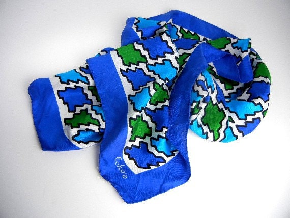 Vintage Echo scarf bold geometric pattern of blue, green & turquoise on white long rectangle 100% silk neck or head scarf