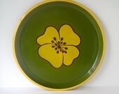 Vintage 1960's Mod Hibiscus Flower Serving Tray, Bright Banana Yellow Flower on Deep Avocado Green Background