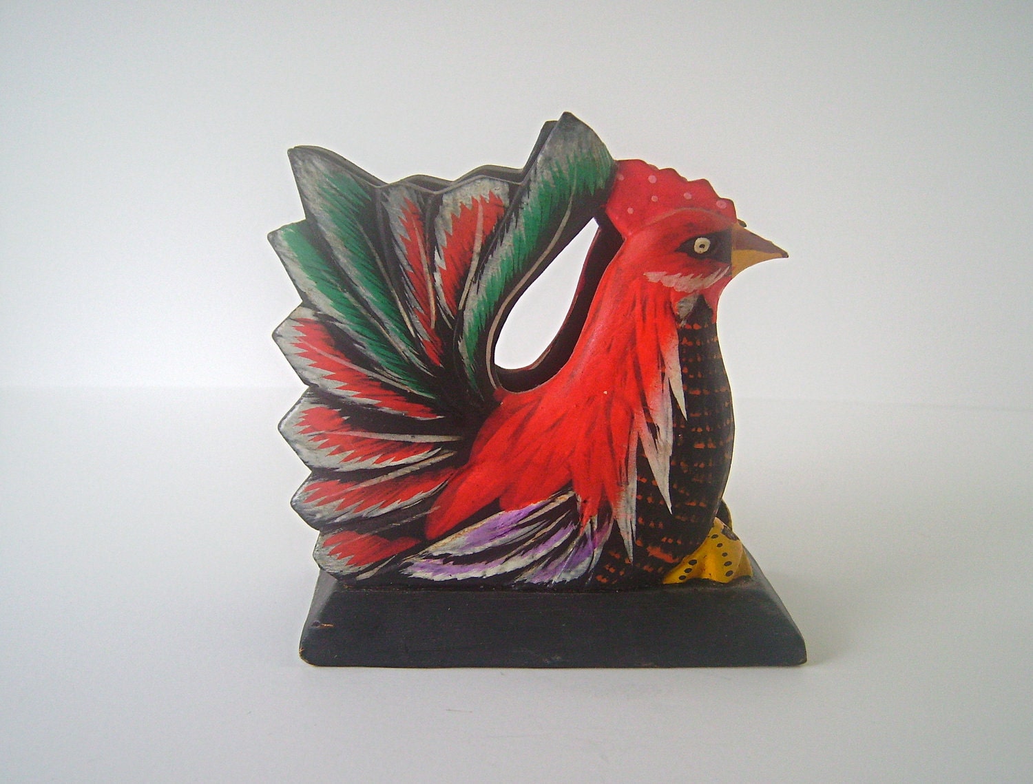 Rooster Letter or Napkin Holder, Vintage Hand Painted Wood, Farmhouse Chic, Folk Art Style