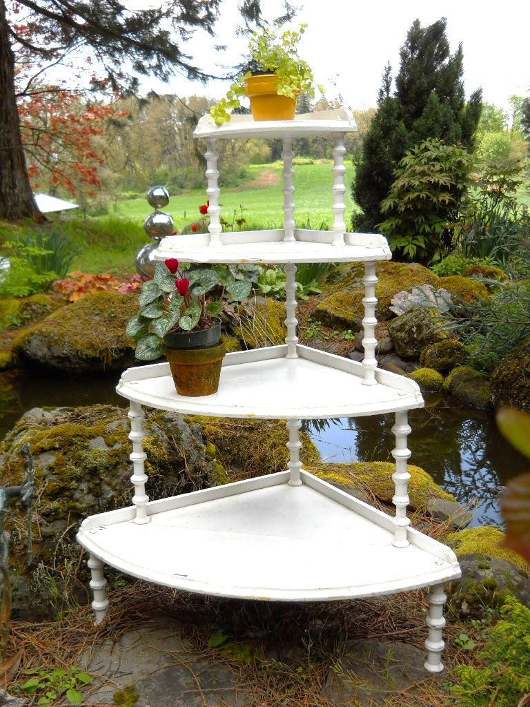 Vintage 1900 Country Cottage Garden Porch Plant Stand Etagere Antique Victorian Farmhouse Primitive Bench Demilune Step Shelves Flower Stand