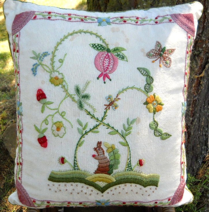 Vintage 1960s Bunny Rabbit Pink Butterfly Embroidery Cottage Chic Folk Art Pillow - French Chic Cottage Farmhouse Romantic Decorator Pillow