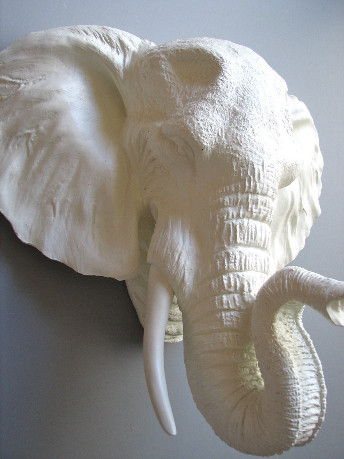 Faux Taxidermy Large Elephant Head Wall Hanging: Pinda the Elephant in white