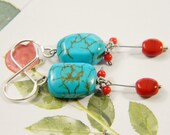 Valentine Sale - Red Blue Gemstone Sterling Silver Dangle Earrings - Turquoise Coral Beaded Earrings Handmade Jewelry