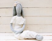 Crochet mint blue rabbit toy doll wearing white vintage style lace wedding dress.Wedding gift idea