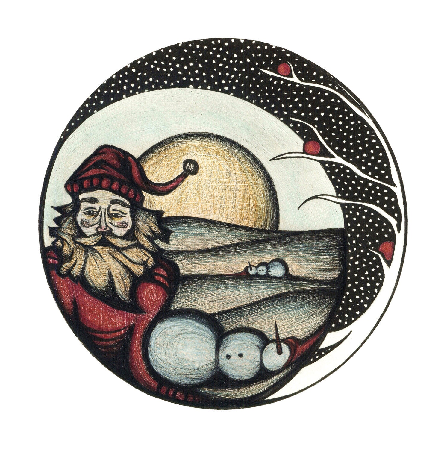 Christmas Santa Art Print, Snowman Landscape Starry Night Illustration Home Decor by Brilee Artworks
