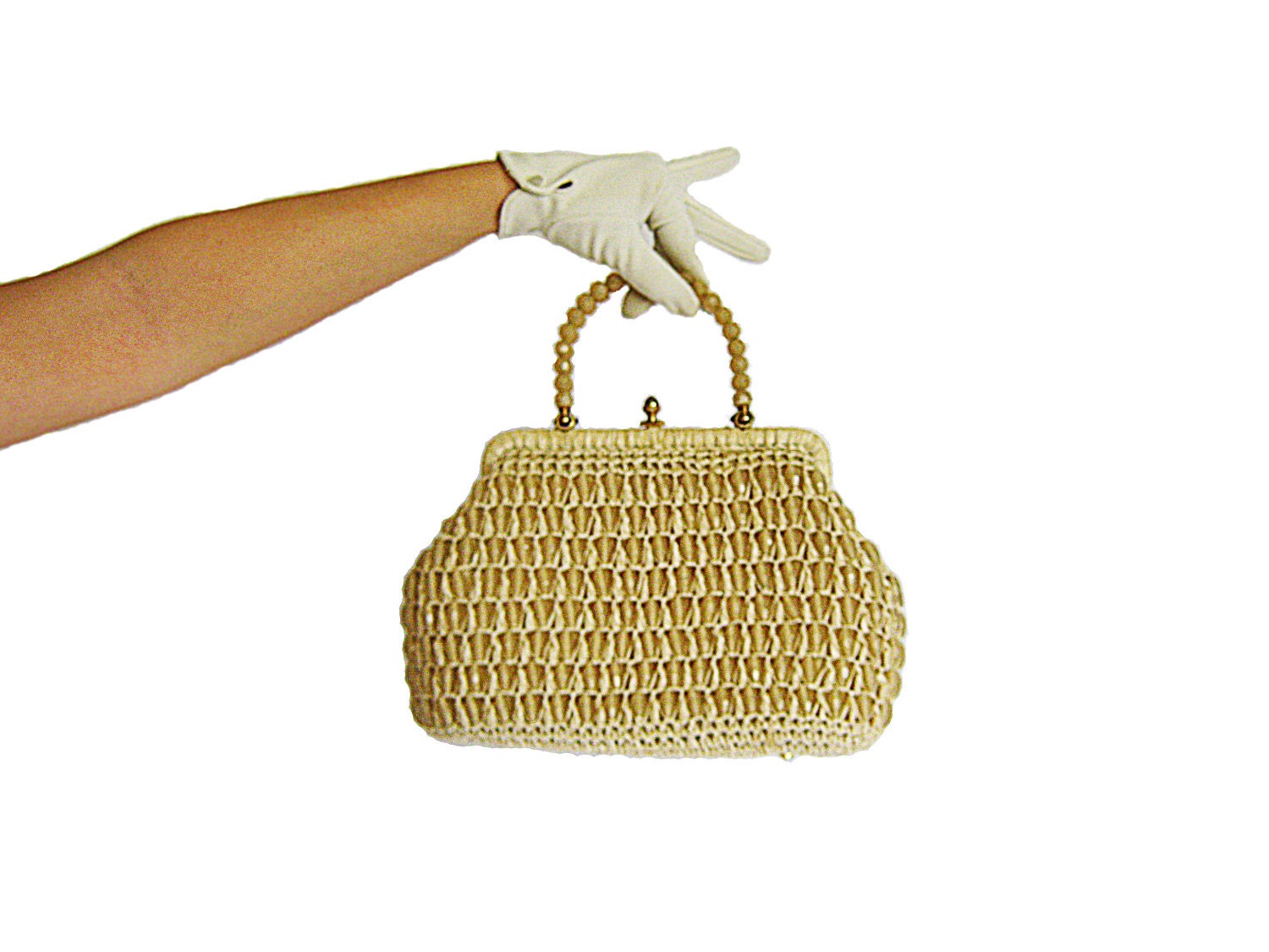 1960s Beaded Handbag / Made In Italy / Cream / Woven / Faceted Beads - CoyoteMarmalade